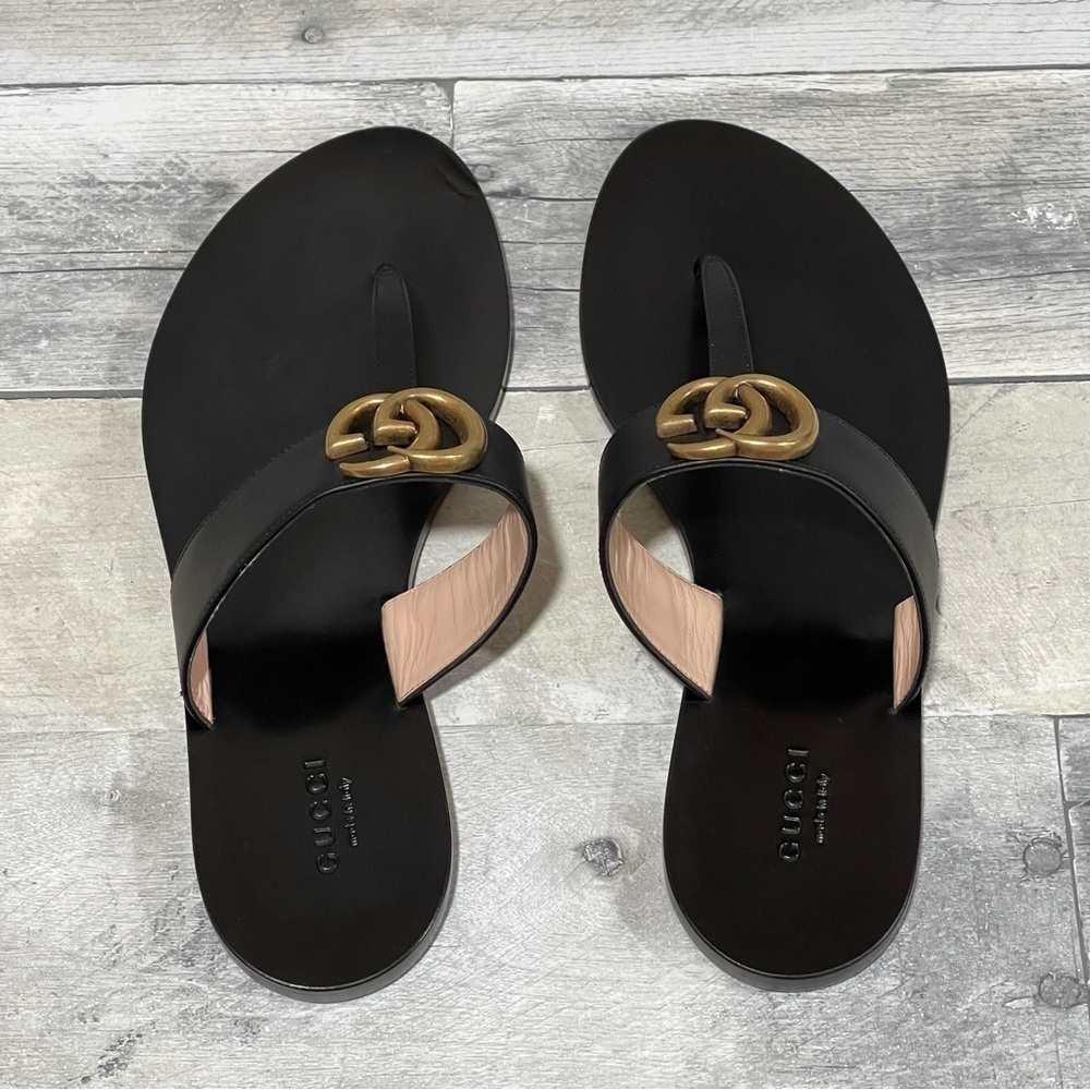 Gucci Leather thong sandal with Double G - Black - Sz - 7.5 US / 37.5 EU - Picture 2 of 12
